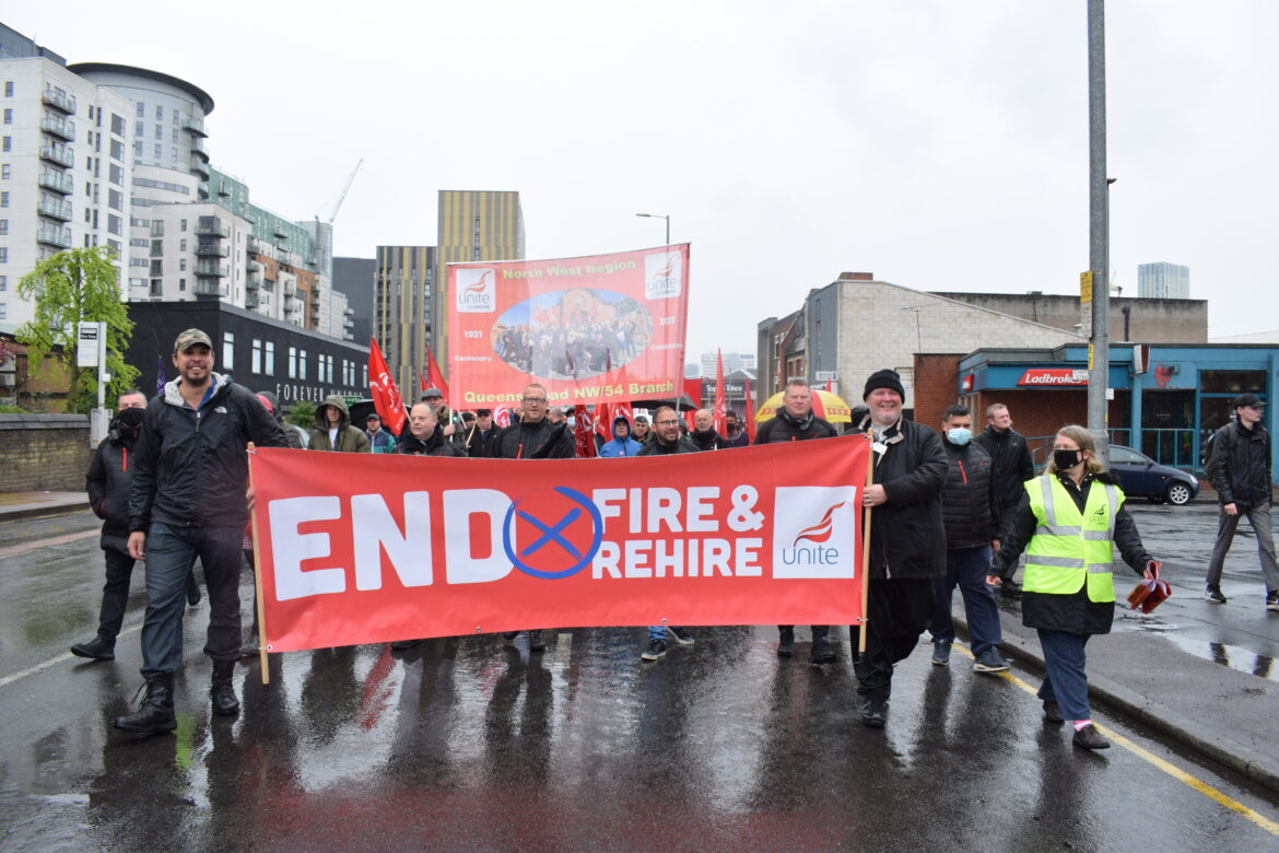 MAY DAY PROTEST IN MANCHESTER AGAINST FIRE AND REHIRE ON THE BUSES